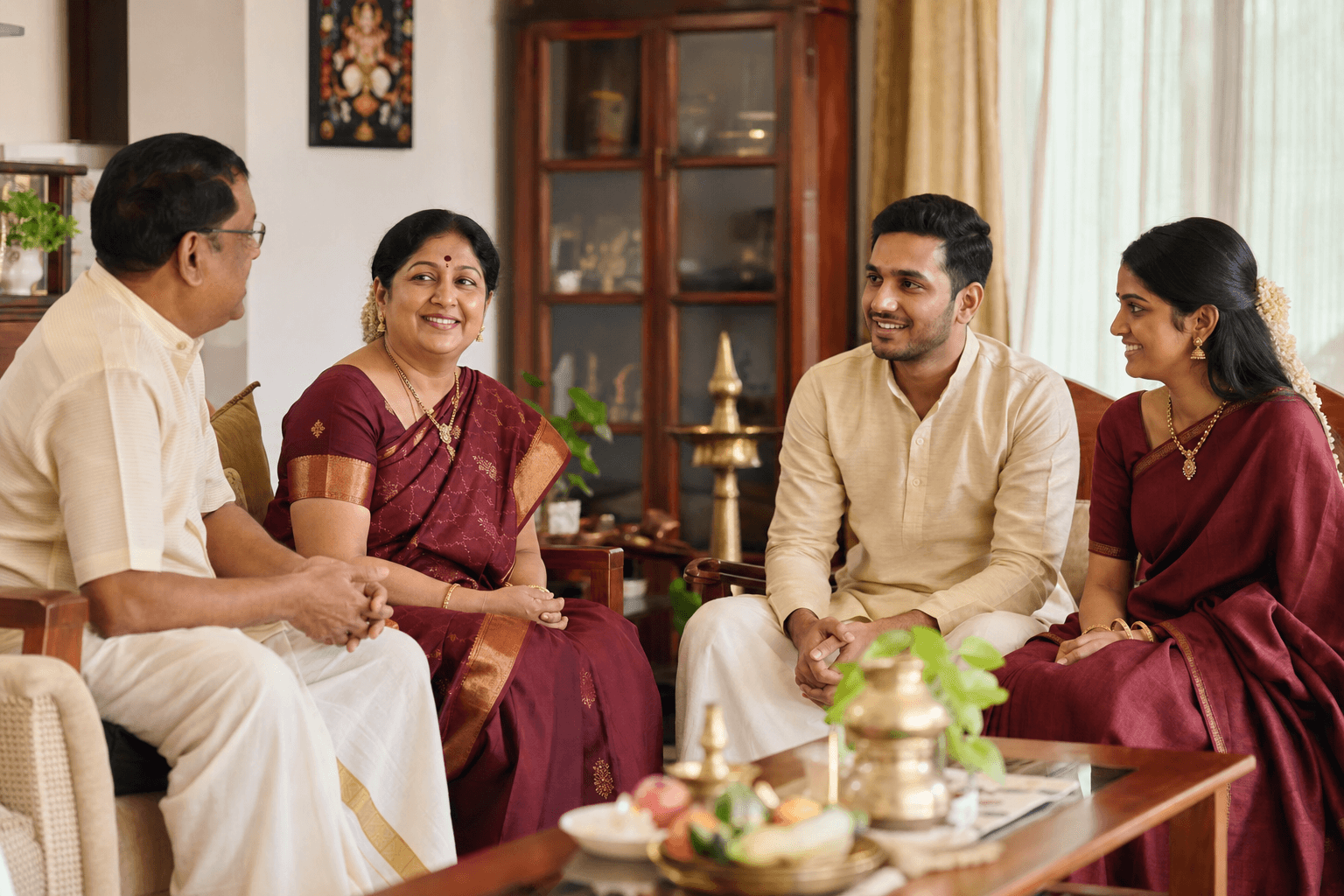 Brahmin family discussing a matrimony match