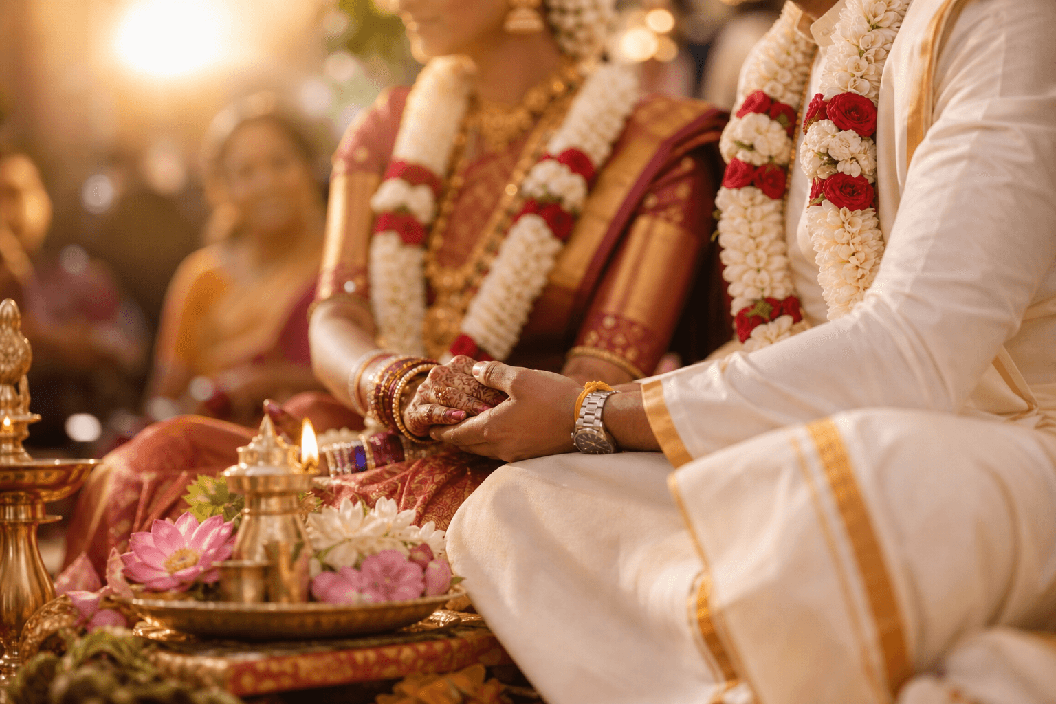 Traditional Indian wedding ceremony with maroon and gold tones